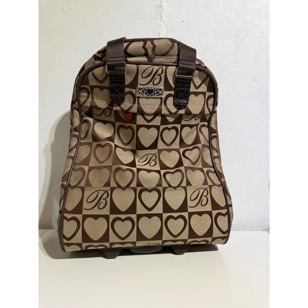 Brighton Womens Heart Monogram Rolling Suitcase Brown Tan Canvas Travel Luggage